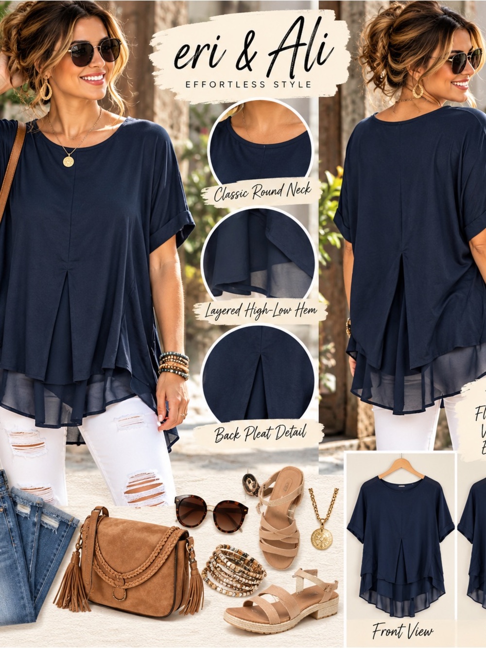 eri & Ali Navy Layered High-Low Blouse